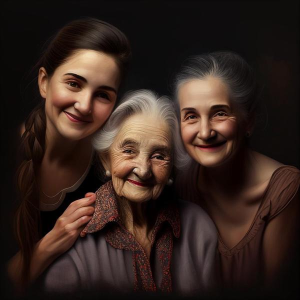 Three generations of AI-created women smiling in family portrait