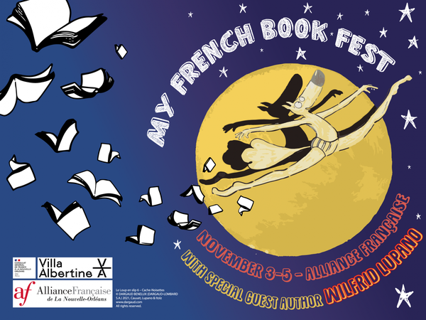 My French Book Fest poster with leaping wolf in front of the moon