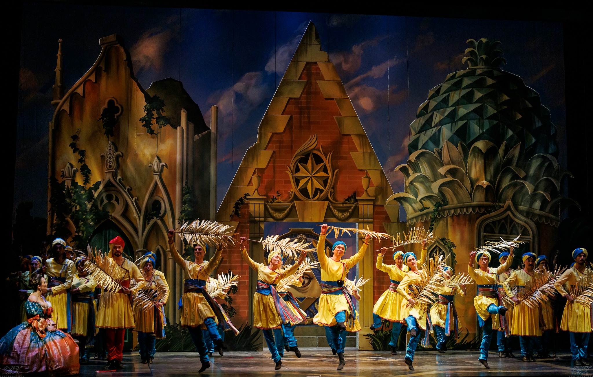 Artists of Atelier Ballet celebrate the entrance of Sorastro with the Nathaniel Dett Chorale and soprano Meghan Lindsay as Pamina in Opera Atelier's production of Mozart's The Magic Flute.