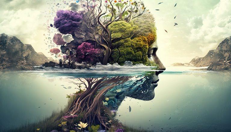a nature landscape with a tree shaped as a woman, with the trunk underwater and the blooms as her hair a nature landscape with a tree shaped as a woman, with the trunk underwater and the blooms as her hair
