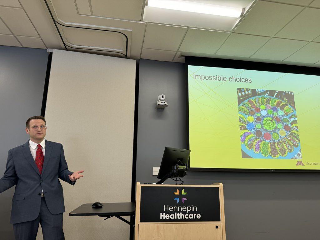 Dr. David Darrow uses a plate of tacos as an example to showcase how "too many choices" creates mental fatigue for folks with TBIs. Dr. David Darrow uses a plate of tacos as an example to showcase how "too many choices" creates mental fatigue for folks with TBIs.