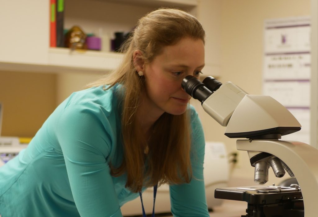 Dr. Kristina Burrack is wearing a blue shirt and inspecting a slide through a microscope. Dr. Kristina Burrack is wearing a blue shirt and inspecting a slide through a microscope.