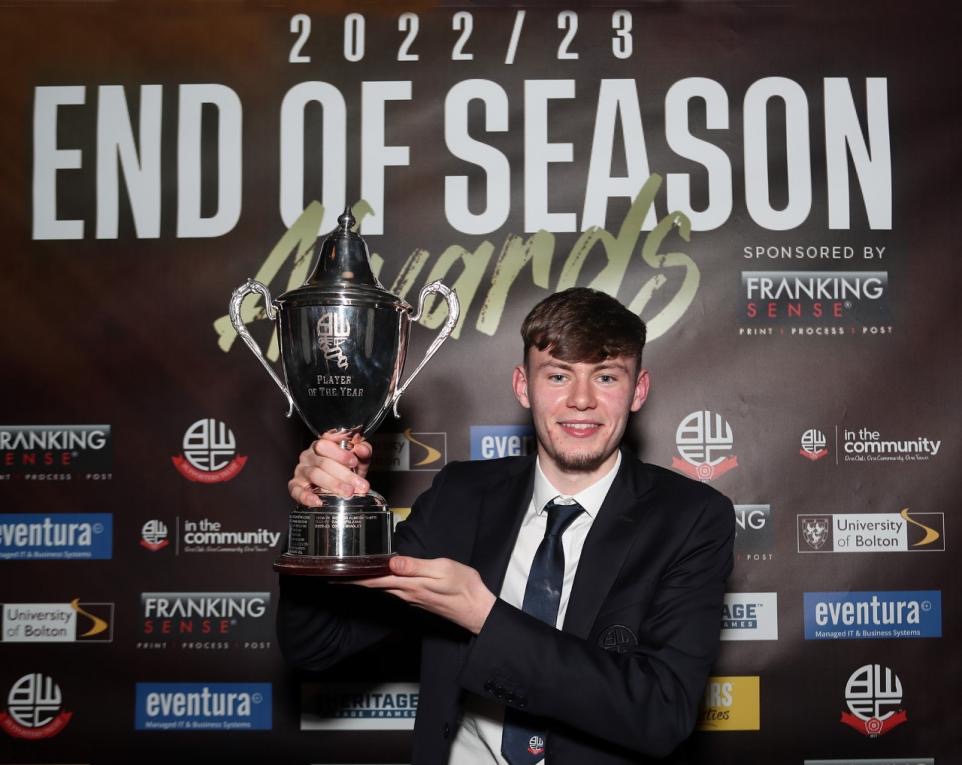 Conor Bradley winning awards at Bolton Wanderers