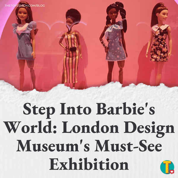 Four Barbie Fashionistas dolls in a glass display at Barbie: The Exhibition