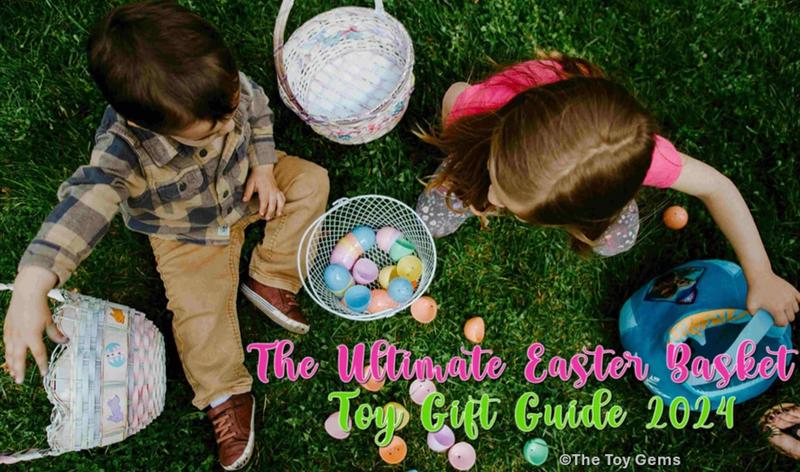 Two children play an Easter Egg Hunt in the garden with their Easter baskets filled with toy eggs