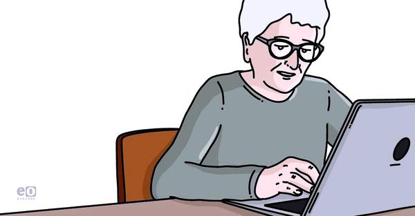 Illustration of gray-haired woman with glasses working on a laptop