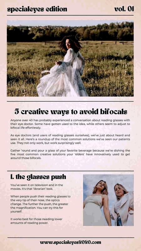 Newsletter for a clinic called SpecialEyes Eyecare featuring 5 creative ways to avoid bifocals
