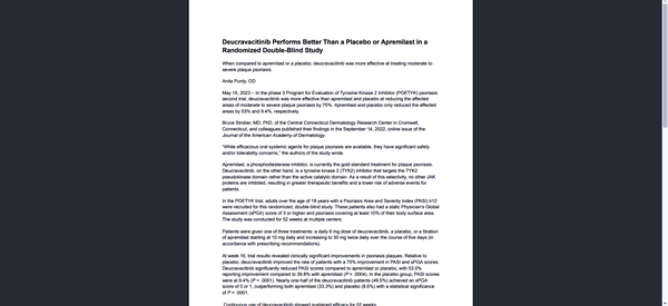 Black-and-white word doc entitled Deucravacitinib performs better than a placebo or apremilast