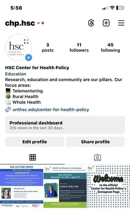 Instagram page for HSC's Center for Health Policy
