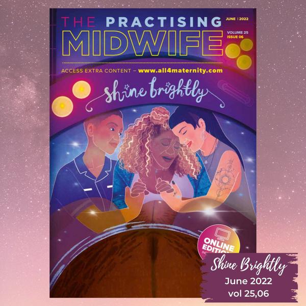 Front cover of The Practising Midwife journal with coverline 'Shine brightly'