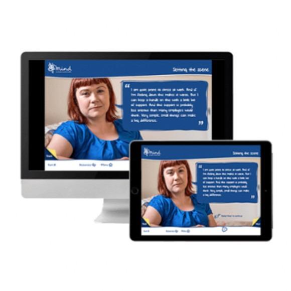 Graphic showing Macbook and iMac screens showing a Mind elearning course