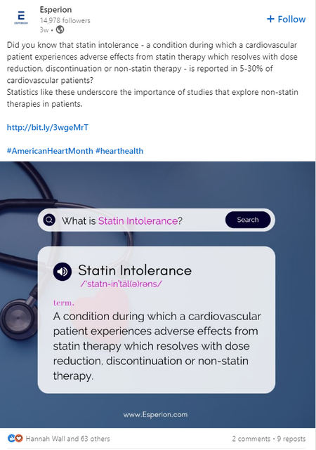 Esperion LinkedIn post defining statin intolerance
