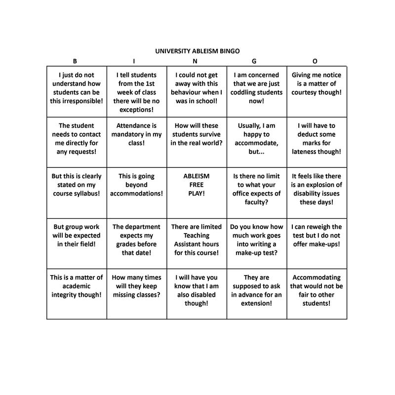 This hermit crab essay uses the container of a bingo card, in which each square holds a problematic statement from instructors at Canada's largest university. It was crafted from the artist's memory, based on her years as an Accessibility Advisor.