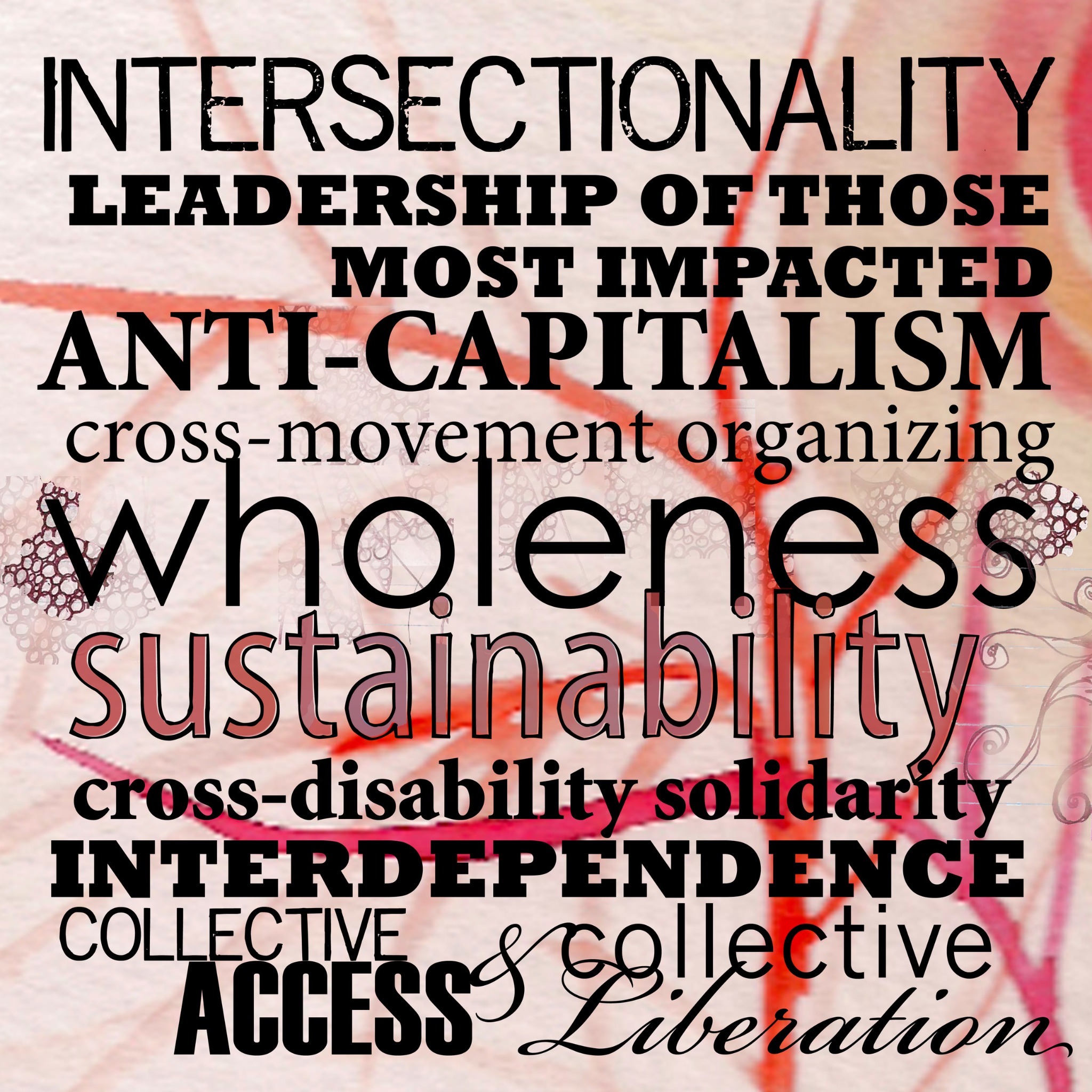 Art by Sins Invalid is seen, which notes the 10 Disability Justice principles: intersectionality, leadership of those most impacted, anti-capitalism, cross-movement organizing, wholeness, sustainability, cross-disability solidarity, interdependence, collective access, and collective liberation.