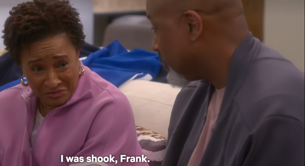A Netflix screenshot shows a Black couple sharing an emotional moment in a well-lit living room, at the bottom of which, white text states, "I was shook, Frank."
