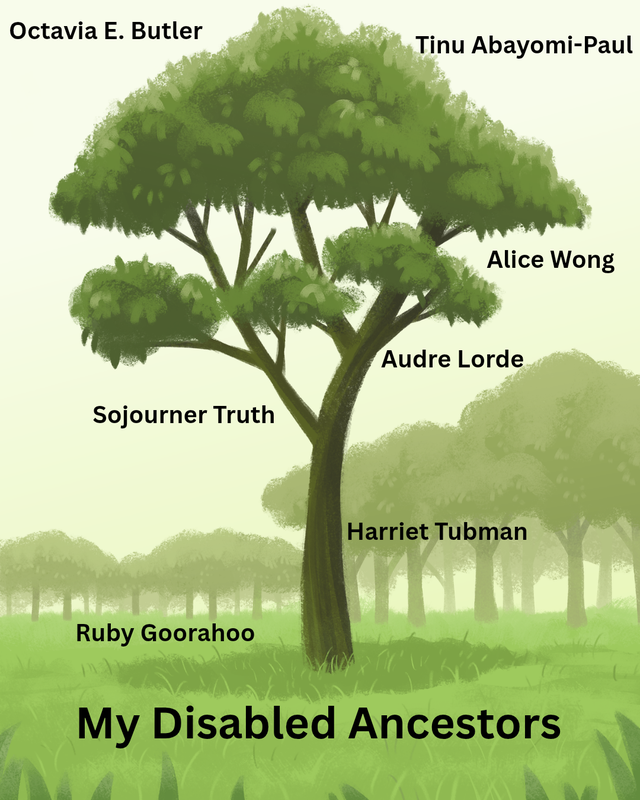 Krystal's Canva-made family tree is seen. At the bottom, in the grass, black text states, "MY DISABLED ANCESTORS," with a tree seen above, with a few trees seen in the background, and 7 names surrounding that. Clockwise from top right: Tinu Abayomi-Paul, Alice Wong, Audre Lorde, Harriet Tubman, Ruby Goorahoo, Sojourner Truth, and Octavia E. Butler.