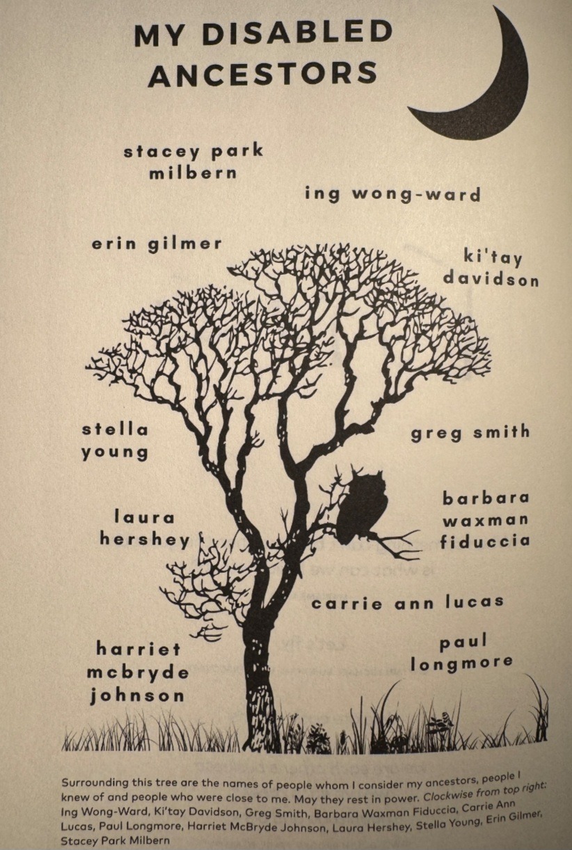A screenshot from Alice's memoir is seen. At the top, it states, "MY DISABLED ANCESTORS," with a crescent moon seen to the top right, under which, an outline of a tree with an owl is seen, with blades of grass visible below, and 11 names surrounding that. Underneath, text states: Surrounding this tree are the names of people whom I consider ancestors, people I knew of and people who were close to me. May they rest in power. Clockwise from top right: Ing Wong-Ward, Ki’tay Davidson, Greg Smith, Barbara Waxman Fiduccia, Carrie Ann Lucas, Paul Longmore, Harriet McBryde Johnson, Laura Hershey, Stella Young, Erin Gilmer, and Stacey Park Milbern.