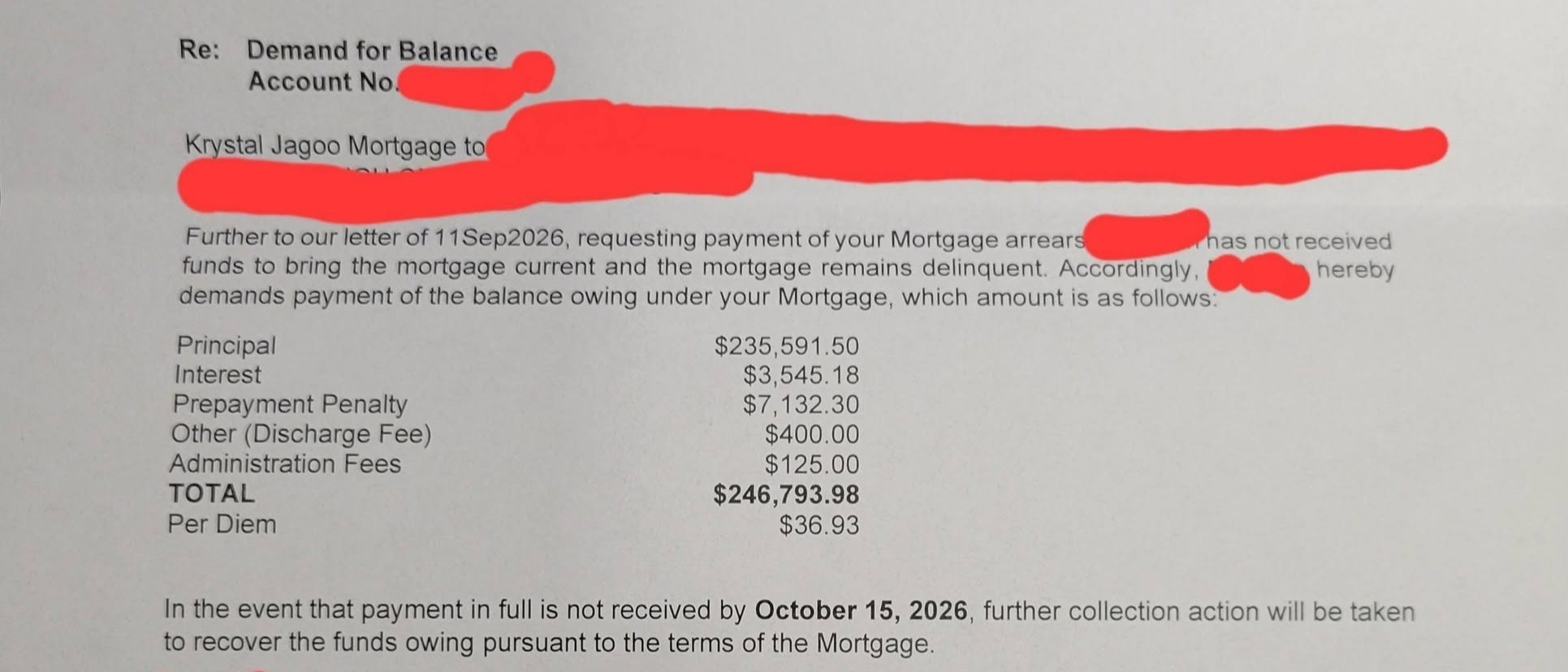 A photo of my demand letter has been edited to remove identifying information. Against a white background, black text states: Re: Demand for Balance Account No. Krystal Jagoo Mortgage to Further to our letter of 11Sep2026, requesting payment of your Mortgage arrears has not received funds to bring the mortgage current and the mortgage remains delinquent. Accordingly, hereby demands payment of the balance owing under your Mortgage, which amount is as follows: Principal $235,591.50 Interest $2,545.15 Prepayment Penalty $7,132.30 Other (Discharge Fee) $400.00 Administration Fees $125.00 TOTAL $246,793.98 Per Diem $36.93 In the event that payment in full is rot received by October 15, 2026, further collection action will be taken to recover the funds owing pursuant to the terms of the Mortgage.
