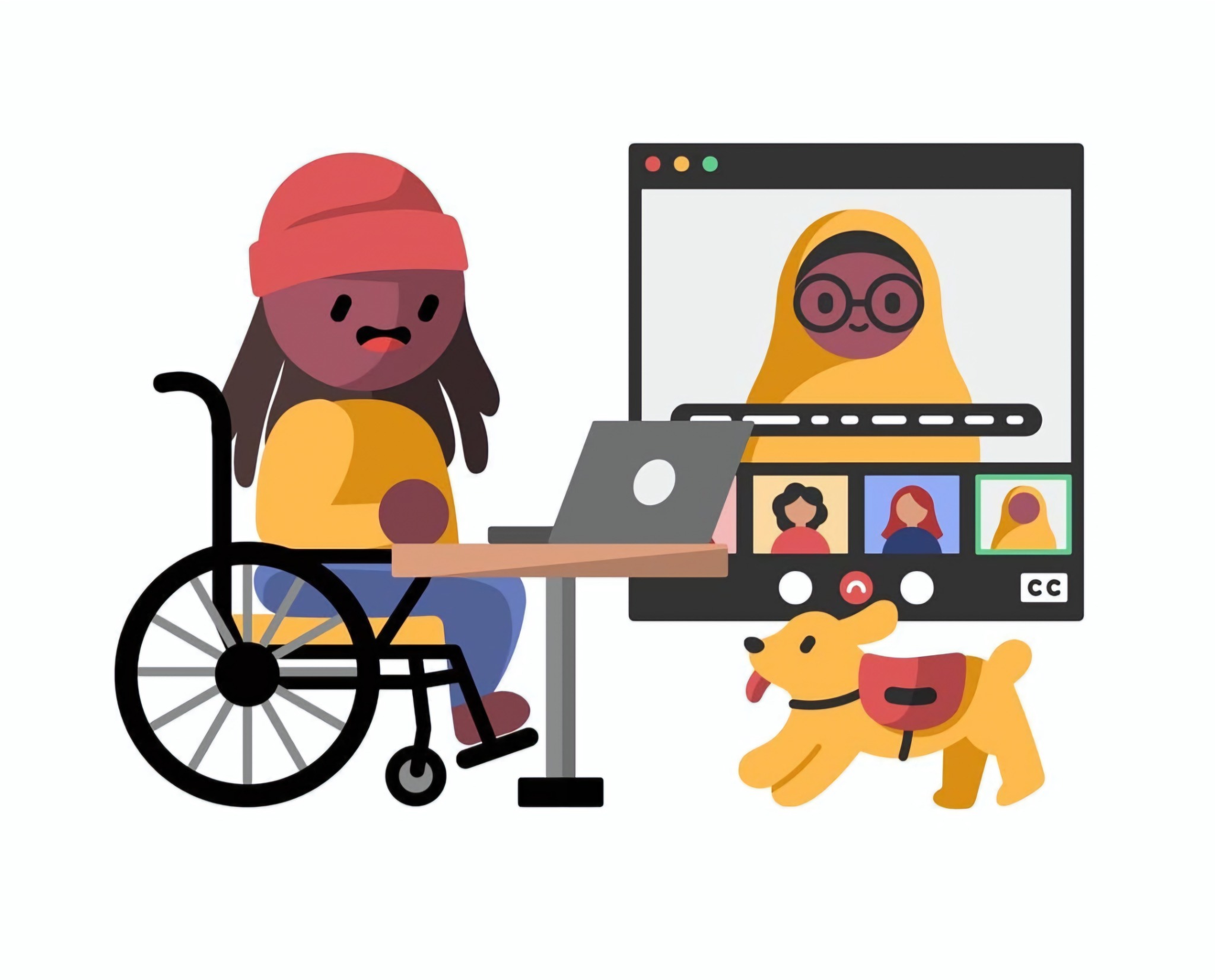 A dark skinned wheelchair user with long hair and a beanie sits at a small table, using their laptop to participate in a video meeting. The laptop screen is shown to their right, with the call being live captioned. The main speaker is a dark skinned person wearing a hijab and glasses, and 3 other participants are at the bottom of the screen, in smaller windows. In the bottom right corner, a yellow service dog bounds towards the wheelchair user.