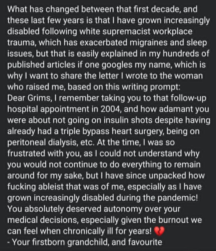 The 2nd half of Krystal's 2023 personal Facebook post is seen. Against a black background, white text details the letter that Krystal wrote to her late maternal grandmother, for which, the description exceeds this character count, so it is stated in full in the caption.