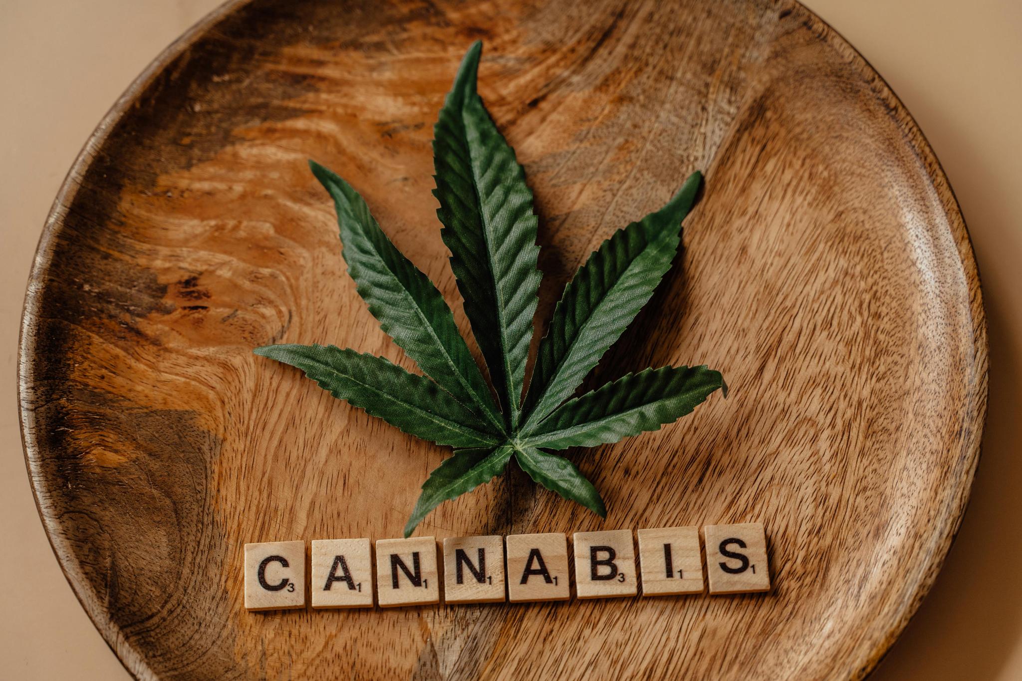 Against a beige background, a wooden dish holds a cannabis branch, under which Scrabble letter tiles spell out CANNABIS.