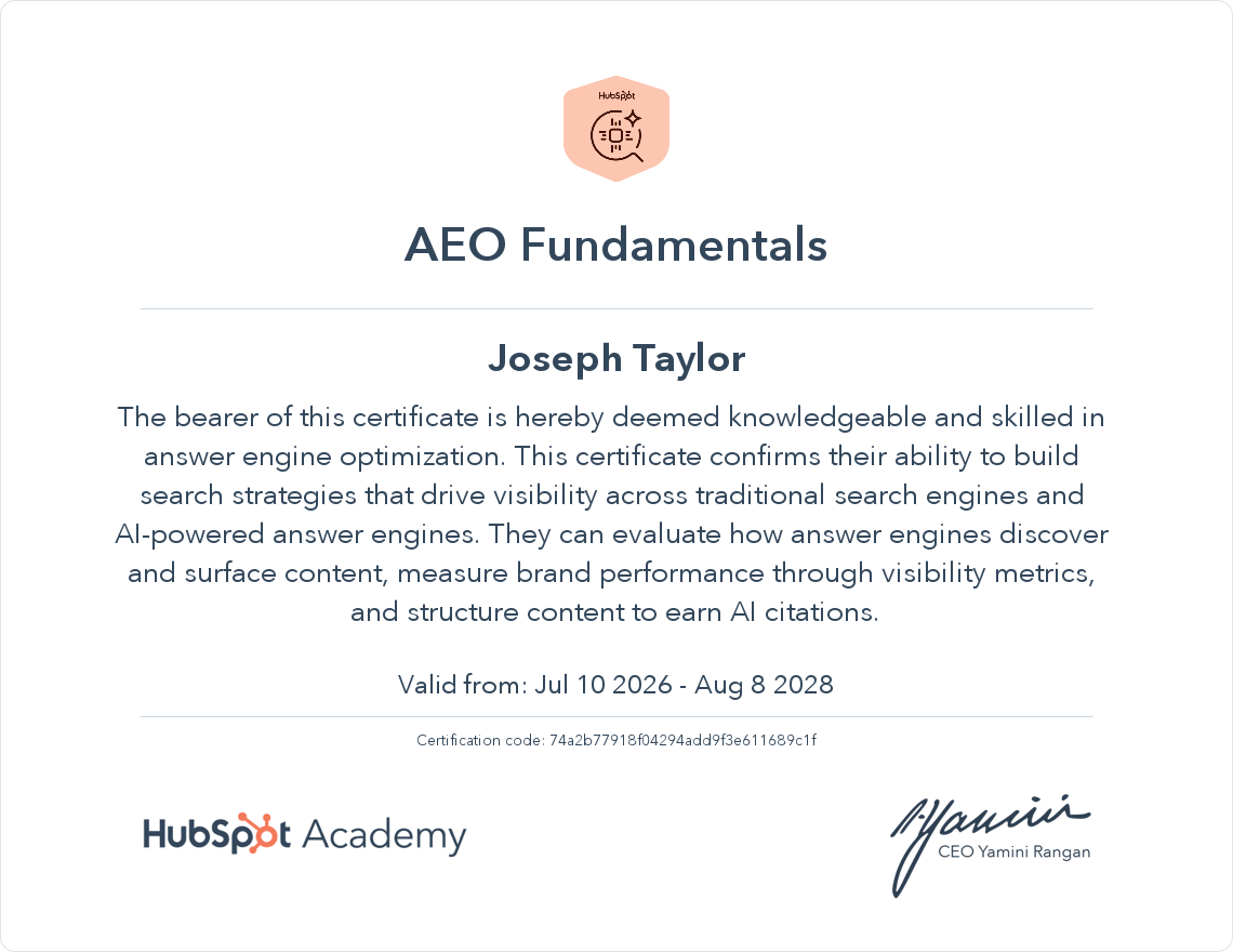 This is my certification of completion of the Hubspot AEO Course.