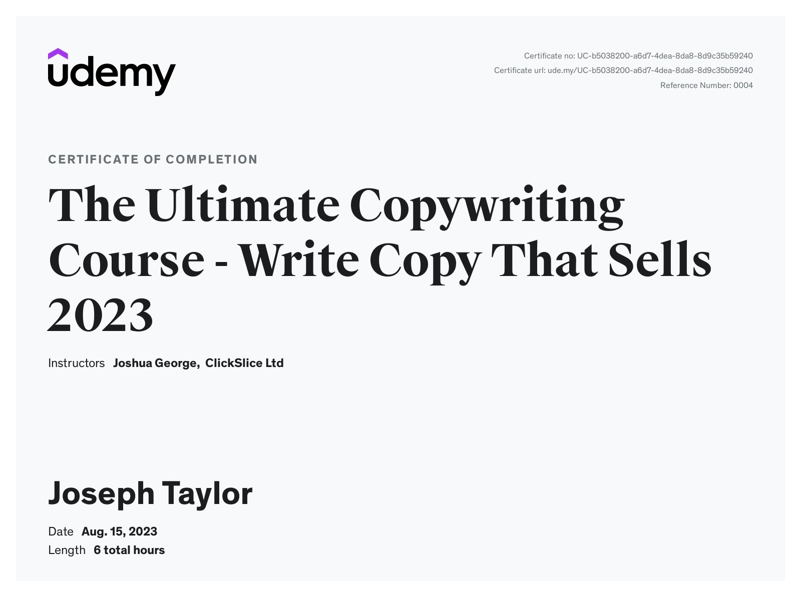 This is my certification of completion of a course on Udemy in copywriting.