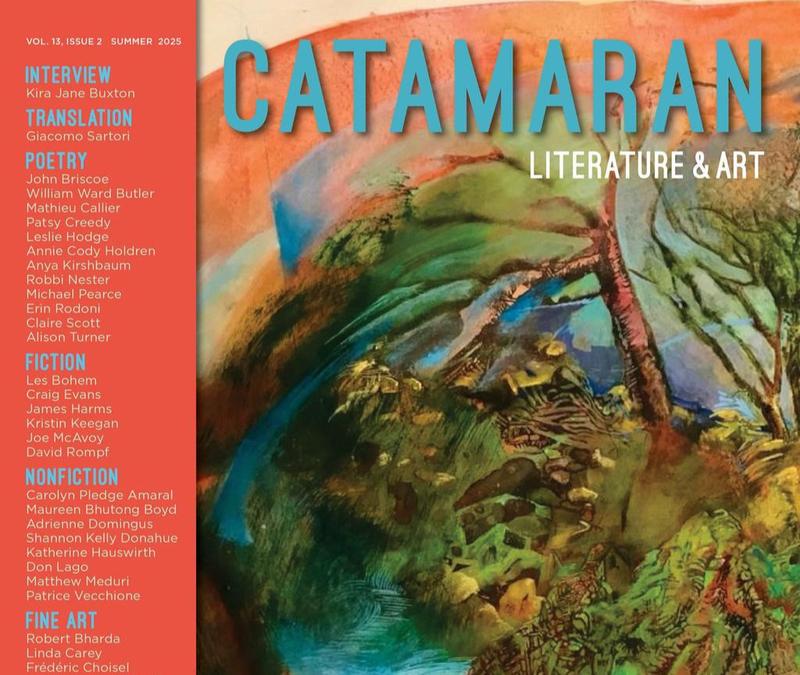 An image of the magazine cover for the Summer 2025 issue of Catmaran, featuring artwork depicting a tree on the shore of a coastal body of water.