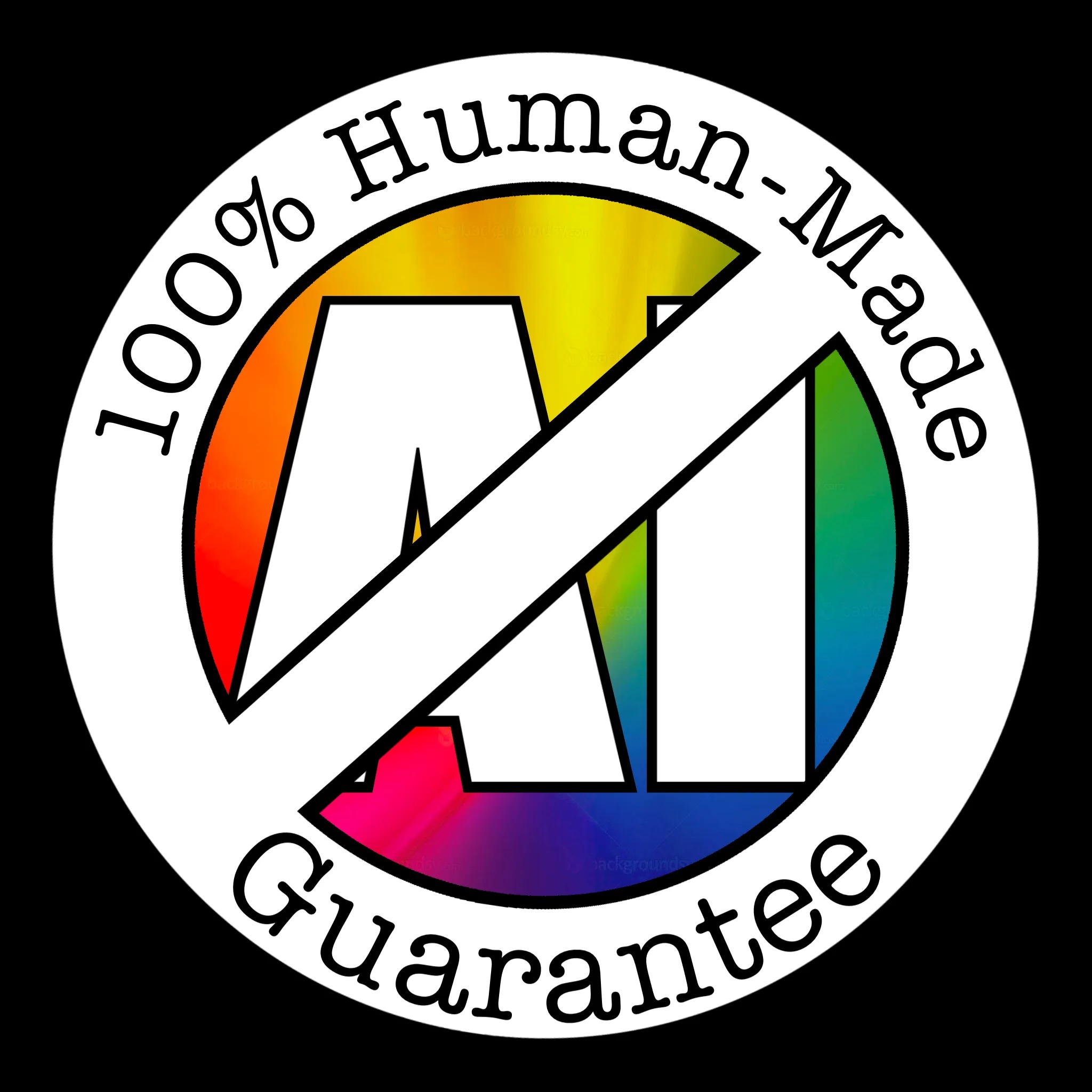 A circle-bar logo that has the letters A I with a slash through it in, and text reading 100% Human-Made Guarantee. The artwork is by Knezek and can be downloaded for use at knezek.art
