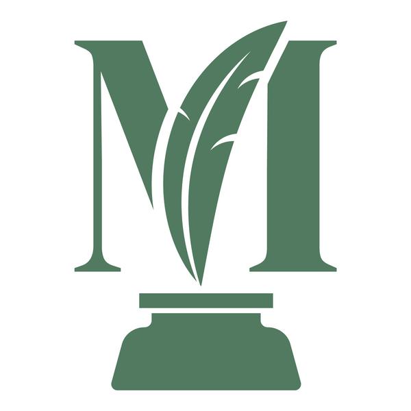 Malone Writing and Curriculum Services icon depicting the letter M with a quill along the right-center line dipping into an inkwell below the letter.