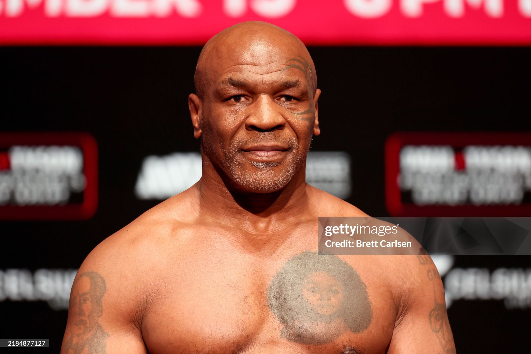 DALLAS, TEXAS - NOVEMBER 14: Mike Tyson attends the weigh-in for LIVE on Netflix: Jake Paul vs. Mike Tyson at the Toyota Music Factory on November 14, 2024 in Dallas, Texas. (Photo by Brett Carlsen/Getty Images for Netflix © 2024)
