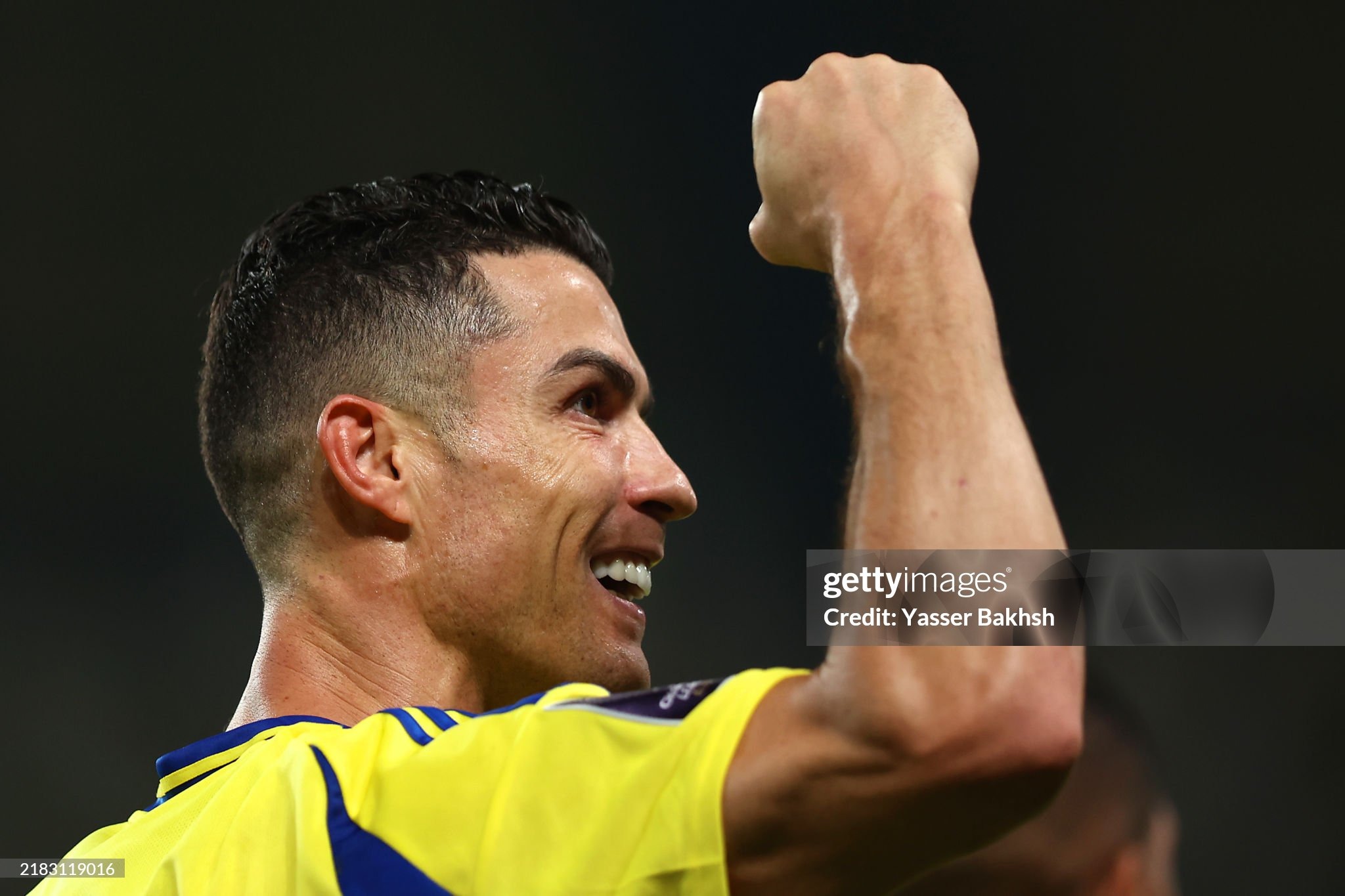 RIYADH, SAUDI ARABIA - NOVEMBER 05: Cristiano Ronaldo of Al-Nassr celebrates scoring the second goal during the AFC Champions League Elite match between Al-Nassr FC and Al Ain FC at Al-Awaal Park on November 05, 2024 in Riyadh, Saudi Arabia. (Photo by Yasser Bakhsh/Getty Images)