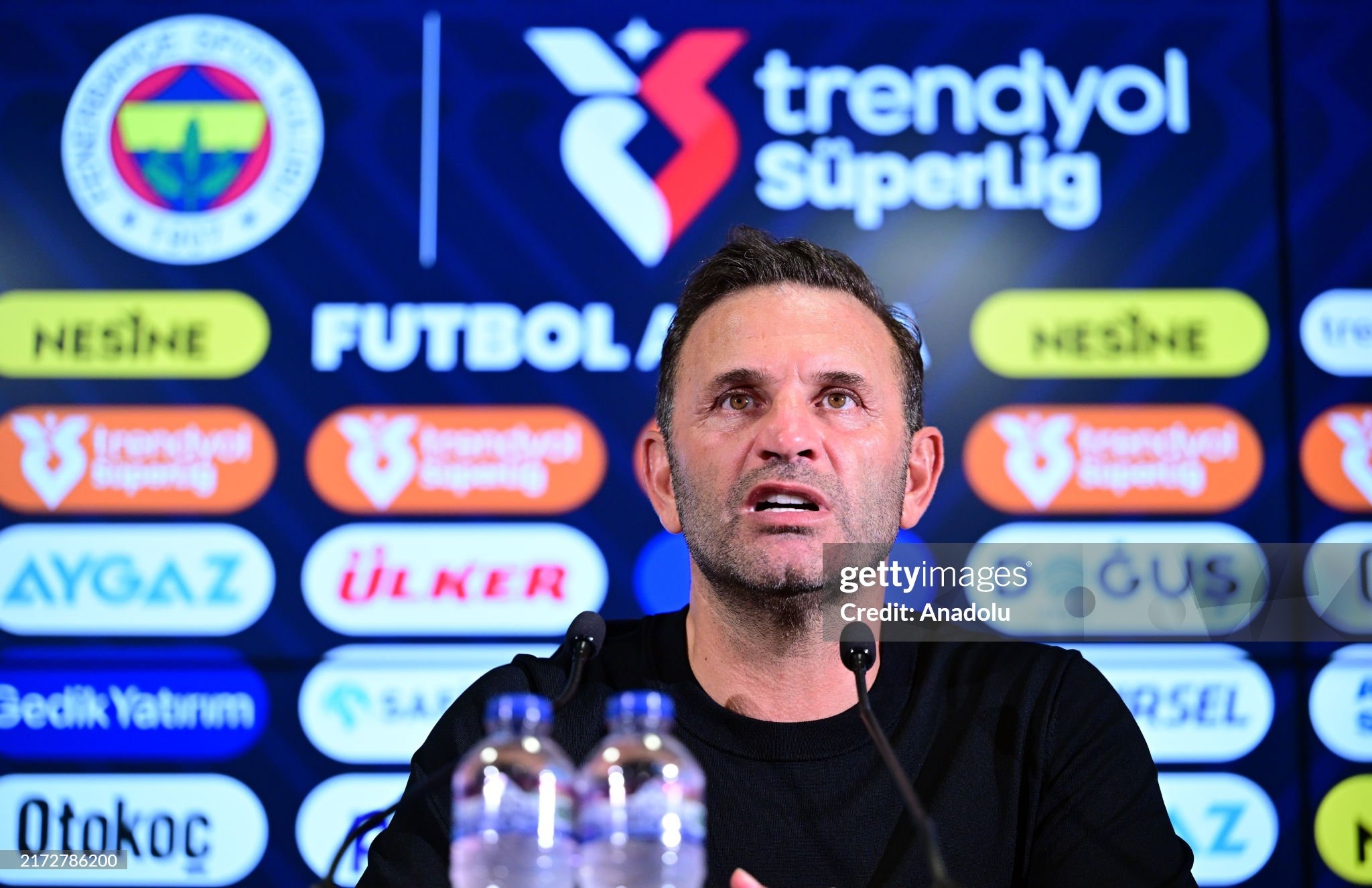 ISTANBUL, TURKIYE - SEPTEMBER 21: Head coach Okan Buruk of Galatasaray speaks during press conference following the Turkish Super Lig 6th week match between Fenerbahce and Galatasaray at Ulker Stadium in Istanbul, Turkiye on September 21, 2024. (Photo by Ali Atmaca/Anadolu via Getty Images)