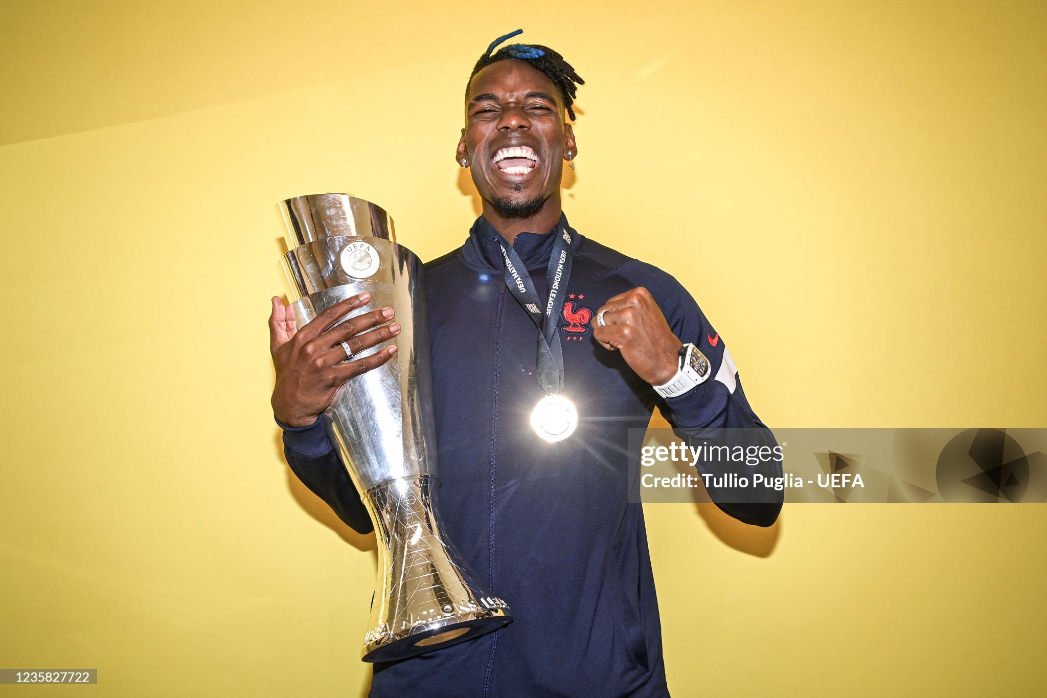 MILAN, ITALY - OCTOBER 10: Paul Pogba of France poses after winning the UEFA Nations League 2021 Final match between Spain and France at San Siro Stadium on October 10, 2021 in Milan, Italy. (Photo by Tullio Puglia - UEFA/UEFA via Getty Images)