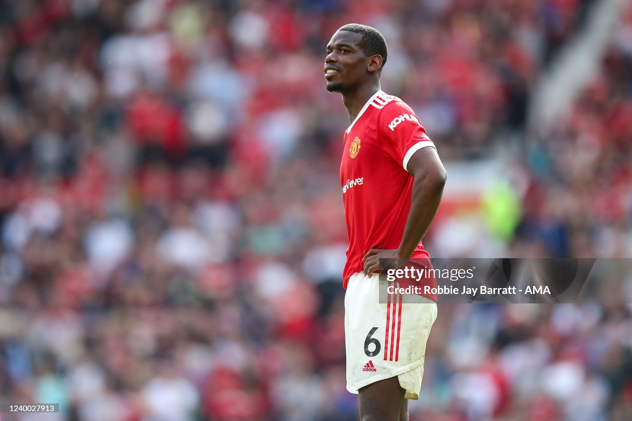 MANCHESTER, ENGLAND - APRIL 16: Paul Pogba of Manchester United during the Premier League match between Manchester United and Norwich City at Old Trafford on April 16, 2022 in Manchester, United Kingdom. (Photo by Robbie Jay Barratt - AMA/Getty Images)