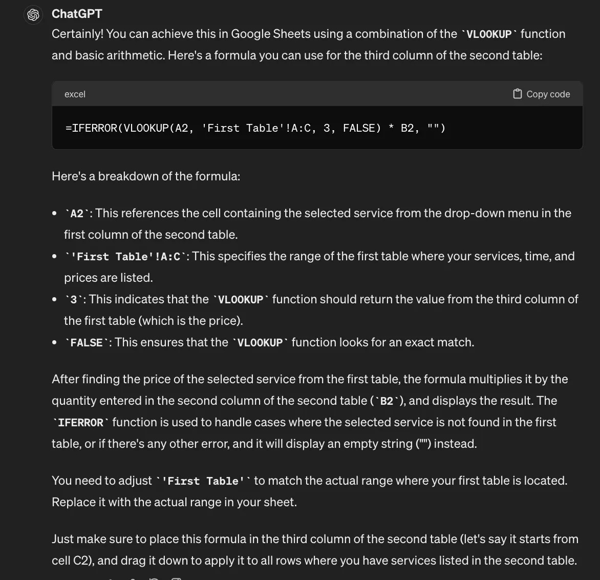 ChatGPT's response with a spreadsheet formula and an explanation of the function of each piece of the formula. ChatGPT's response with a spreadsheet formula and an explanation of the function of each piece of the formula.