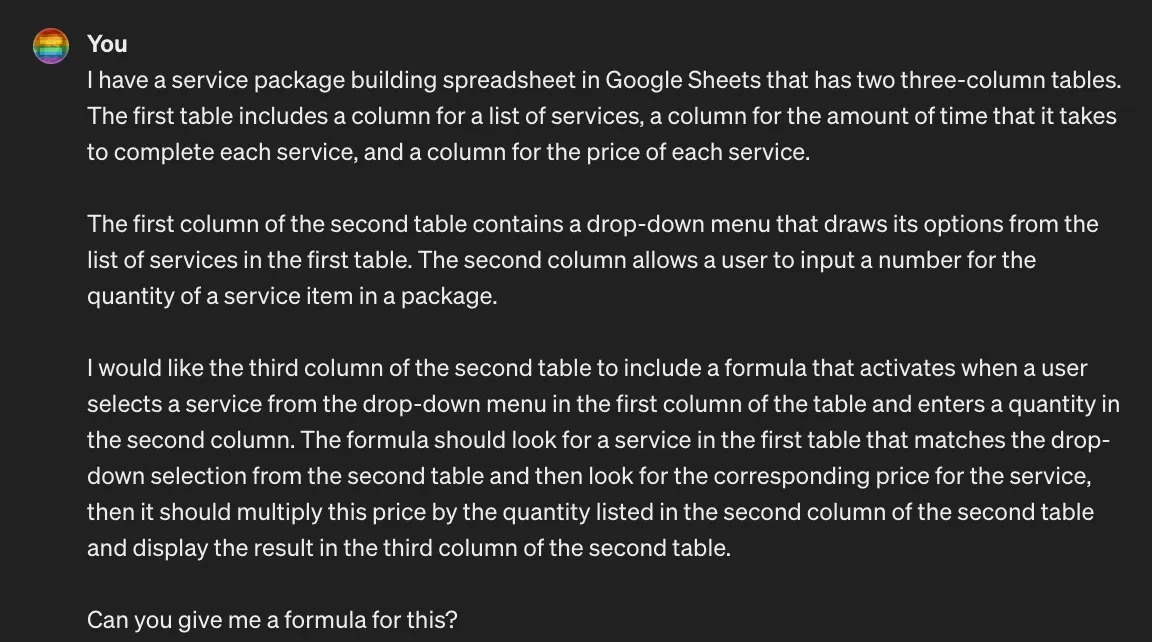A ChatGPT prompt requesting a formula that pulls data from one spreadsheet cell into another. A ChatGPT prompt requesting a formula that pulls data from one spreadsheet cell into another.