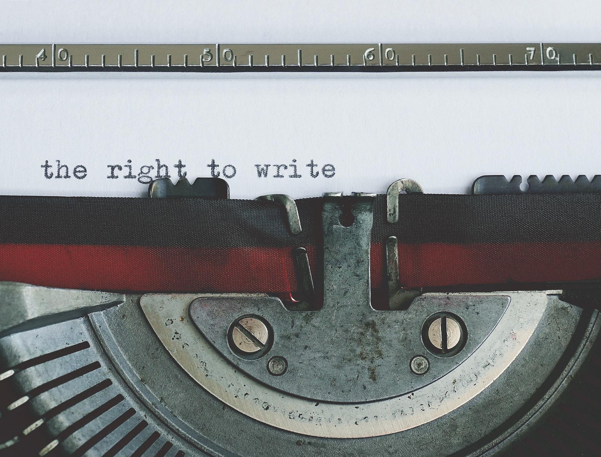 A typewriter that typed "the right to write" on on paper A typewriter that typed "the right to write" on on paper