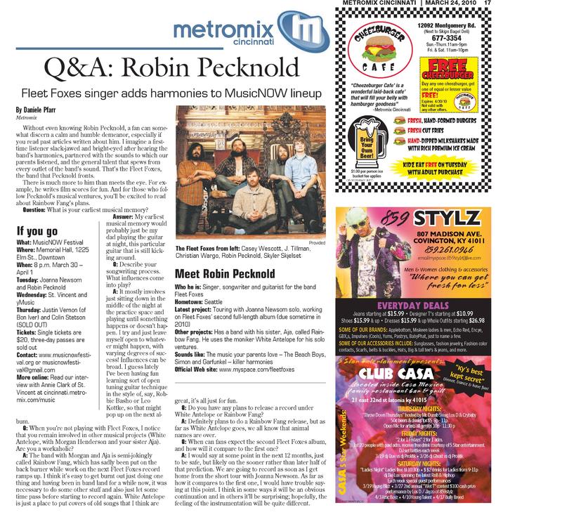 Image of a newspaper article featuring Robin Pecknold of Fleet Foxes