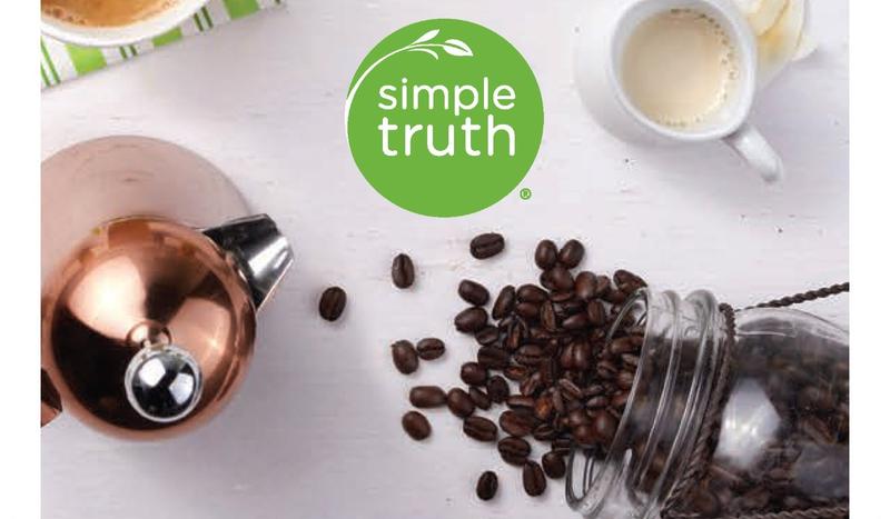 Simple Truth logo, coffee beans and a tea kettle.