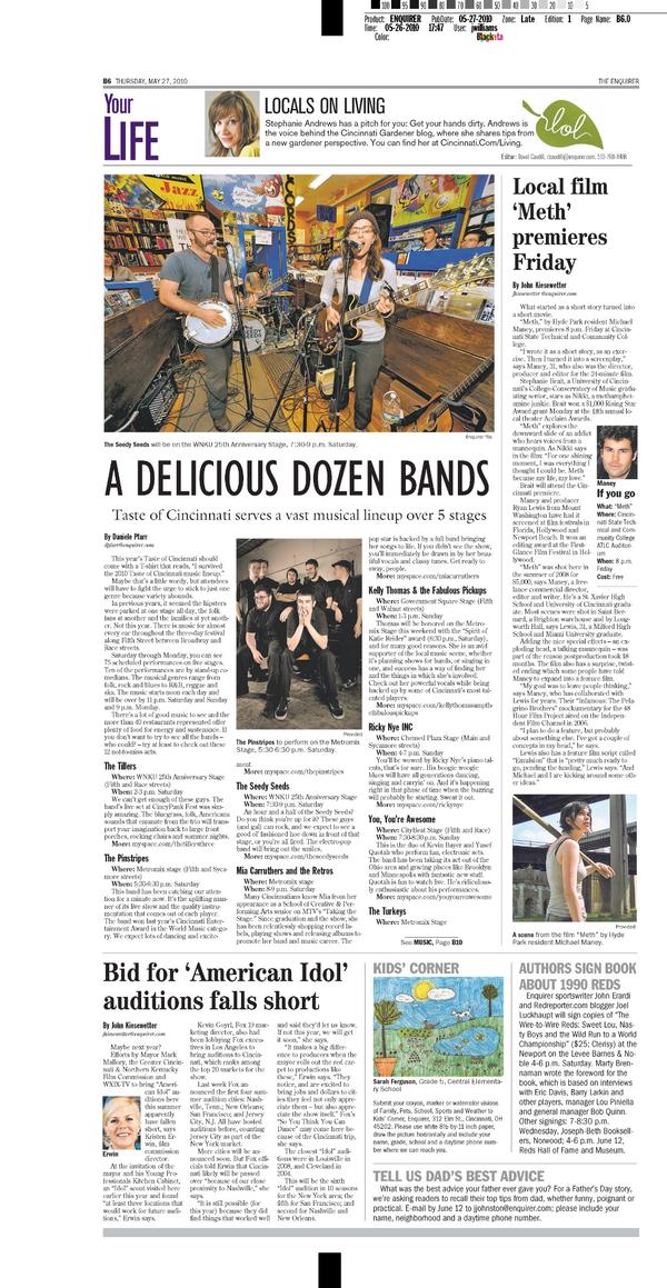 Image of a newspaper clipping about Cincinnati local bands performing at Taste of Cincinnati. Image of a newspaper clipping about Cincinnati local bands performing at Taste of Cincinnati.
