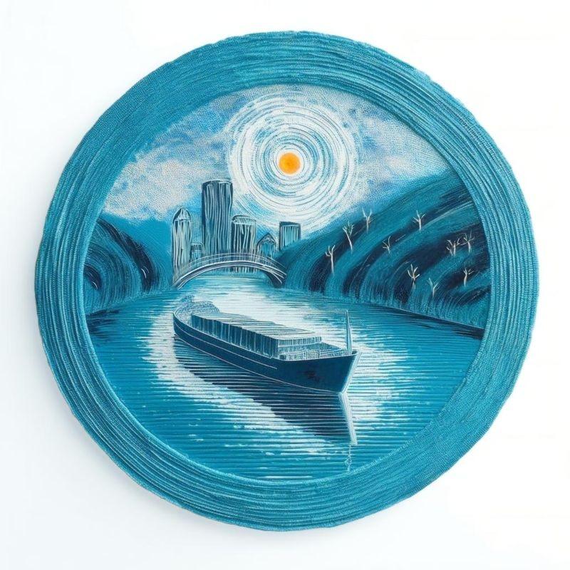 Acrylic art painting of a barge floating down the river with a cityscape in the background.