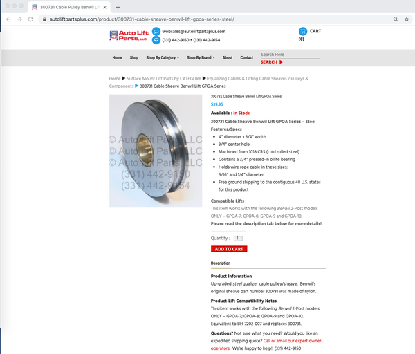 300731 Cable Sheave Benwil Lift GPOA Series