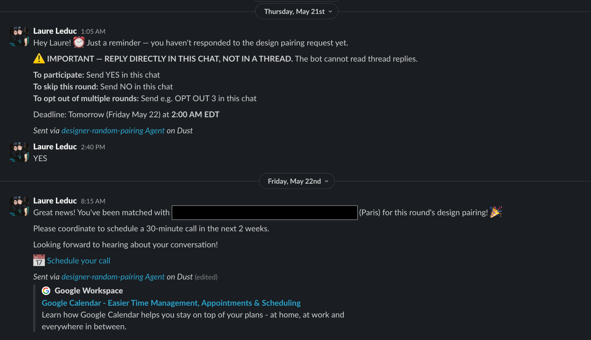 Dust agent Slack messages
