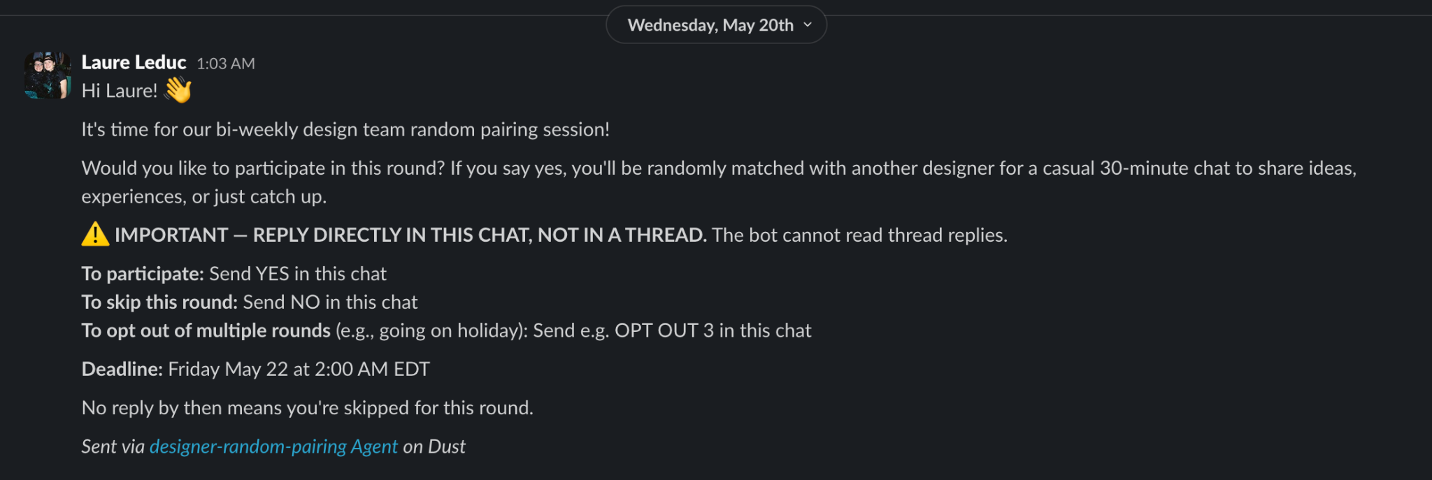 Dust agent Slack message