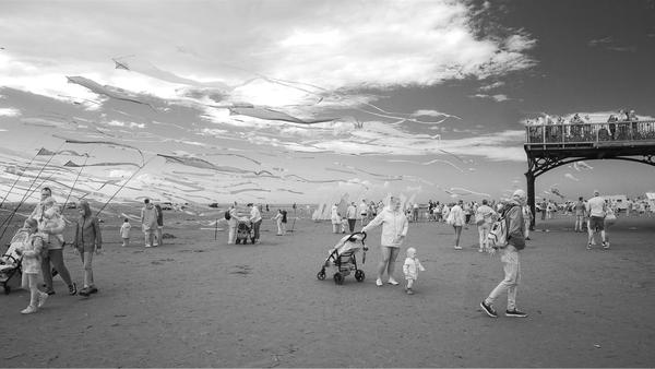 Kites flying on the beach at St Anne’s kite festival