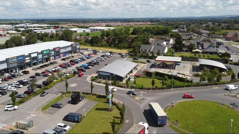 A drone view of the Booths Retail Park in Burscough