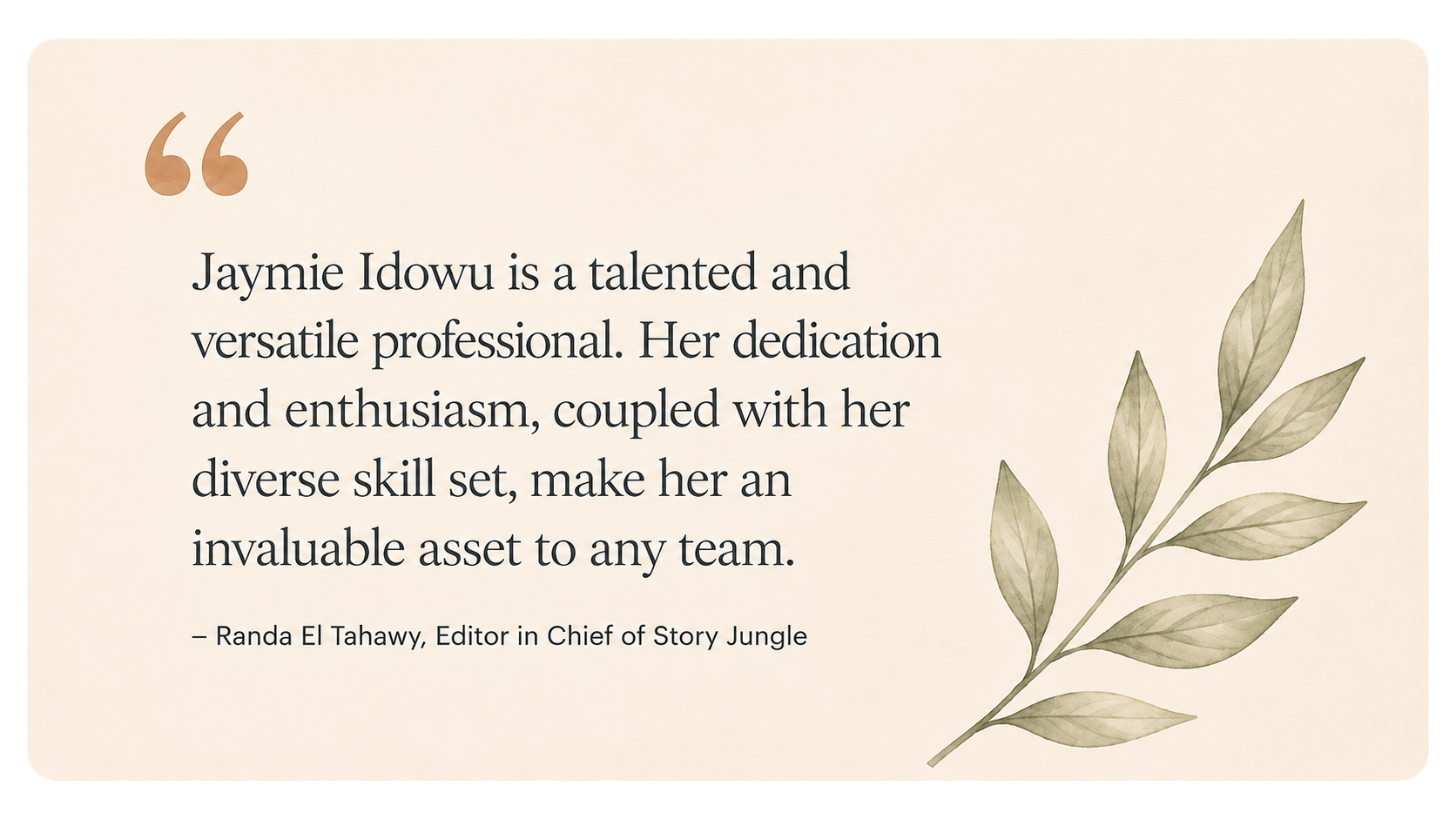 Testimonial from Randa El Tahawy, Editor in Chief of Story Jungle