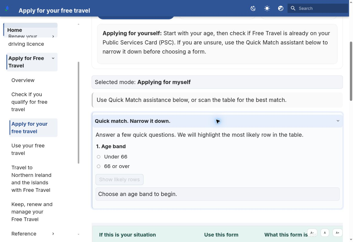 Senior Support Hub Free Travel interface showing persona guidance and Quick Match