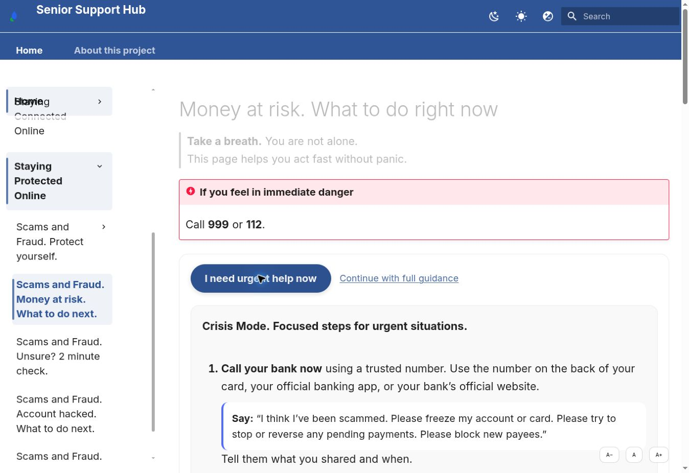 Financial scam guidance showing Crisis Mode and prioritised protective actions